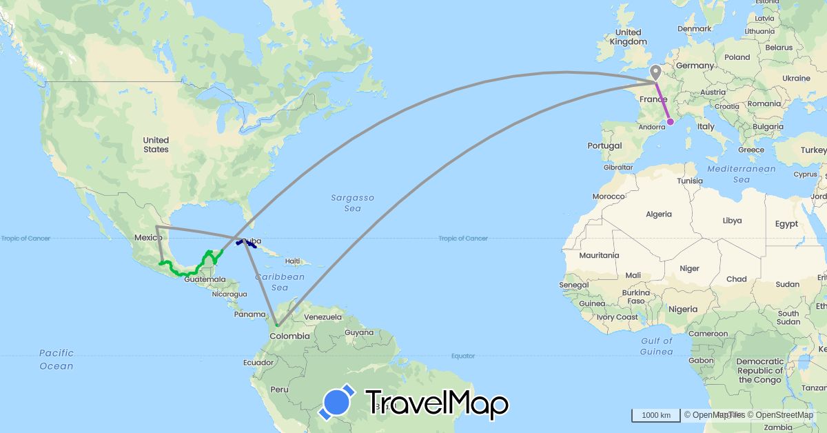 TravelMap itinerary: driving, bus, plane, train in Colombia, Cuba, France, Mexico (Europe, North America, South America)