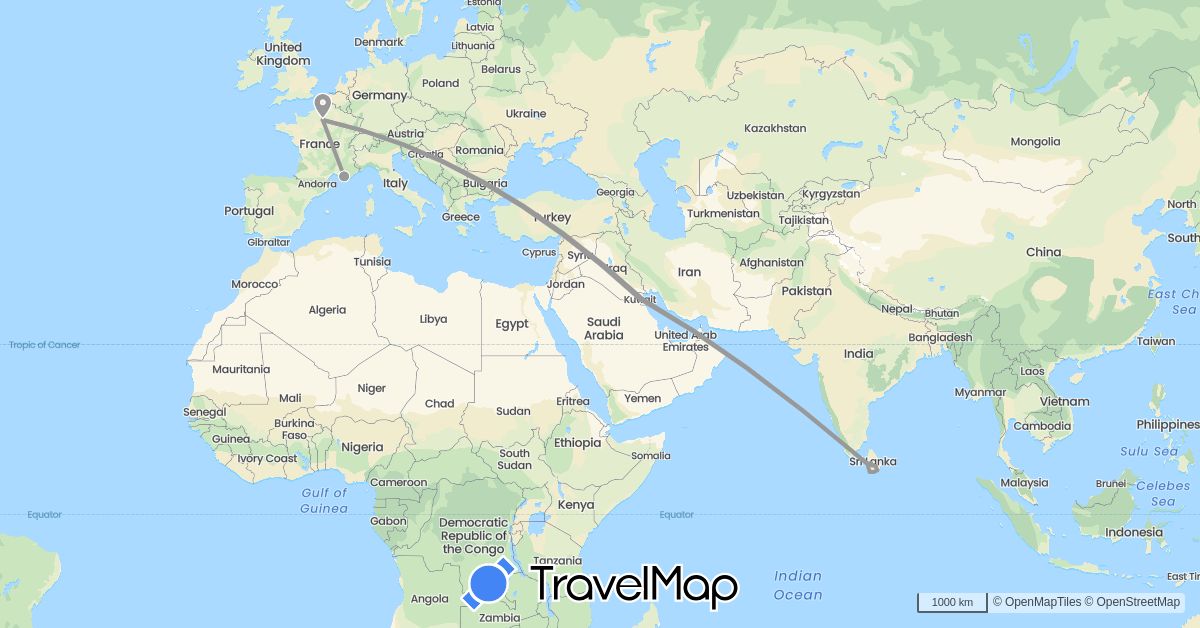 TravelMap itinerary: plane in France, Kuwait, Sri Lanka (Asia, Europe)